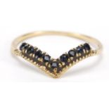 9ct gold sapphire herringbone ring, size R, 1.3g