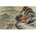 Chinese silk work picture embroidered with moored fishing boat in a mountain landscape, mounted,