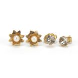 Two pairs of 9ct gold stud earrings including seed pearls, 8mm and 5mm in diameter, 1.2g