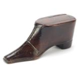 Early 19th century treen and studwork shoe design snuff box, 10cm in length