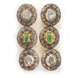 Pair of Indian silver gilt diamond and greenstone drop earrings, 3.5cm high, 19.4g