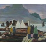 Figure before cottages, water and mountains, Irish school oil on board, framed, 49cm x 39.5cm