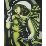 Manner of Tamara de Lempicka - Portrait of an Art Deco female, oil on board, framed, 61cm x 51cm