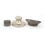 Silver items comprising a Capstan inkwell with pen rest, bonbon dish and an Indian oval box and