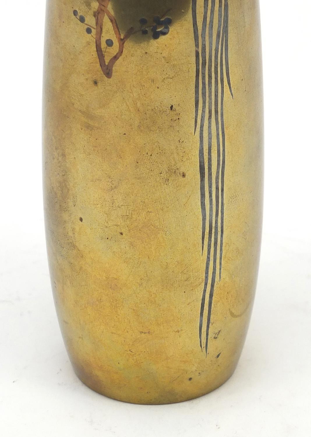 Japanese bronze and mixed metal vase decorated with a rooster on a branch, character marks to the - Image 3 of 9