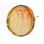 Large cameo brooch with in an unmarked gold mount (tests as 9ct gold), depicting three graces, 6cm