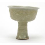 Chinese porcelain lotus leaf stem cup having a celadon glaze, 11cm high
