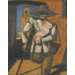 Jonathan Adams - Abstract composition, figure wearing a sombrero, oil on canvas laid on board,