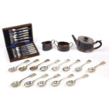 Silver plated items including set of six cake knives and forks with mother of pearl handles and a