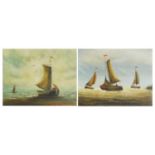 Moored sailing boats and boats on choppy seas, pair of Continental school oil on canvasses, each