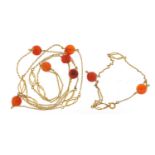 Continental 9ct gold carnelian necklace and matching bracelet, 80cm and 20cm in length, 18.2g