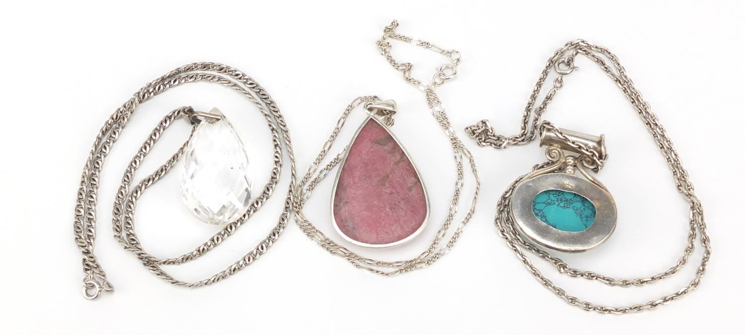 Three silver semi precious stone pendants on silver necklaces, 65.0g - Image 2 of 3