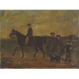 Figure on horseback with family, 19th century oil on canvas, unframed, 61cm x 46cm