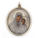 Russian silver icon pendant hand painted with Madonna and child, Moscow 1898-1914, 8.5cm high, 59.5g