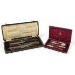 Mappin & Webb horn handled five piece carving set and a fish set with mother of pearl handles both