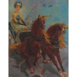 Manner of CW Simpson - Female in a horse drawn cart, oil on board, framed, 54.5cm x 43.5cm excluding