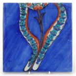 Turkish Kutahya pottery tile hand painted with flowers, 20cm x 20cm