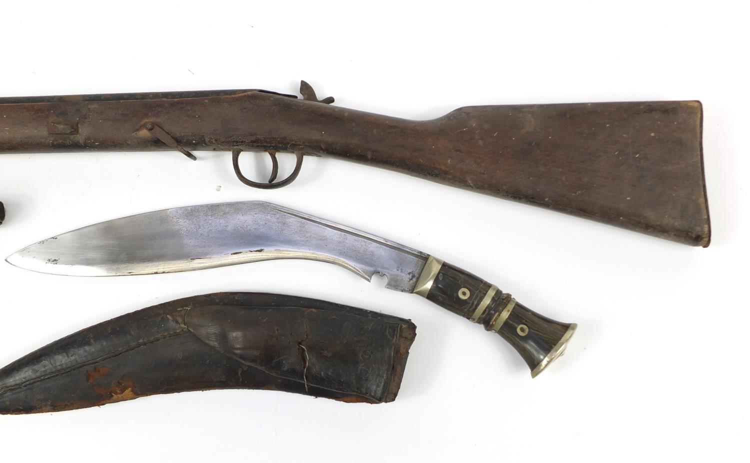 19th century double barrel pistol, Gurkha's kukri knife, percussion cap rifle and a gun design - Image 2 of 6