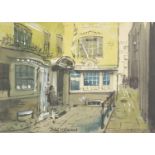 John V Emms - Exchange Court Strand, London, watercolour, mounted and framed, 15cm x 11cm