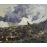 Manner of Kyffin Williams - Farmer with dog, inscribed KW verso, Welsh school oil on board,