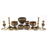 Indian enamelled metalware including a pair of cobra candlesticks and pedestal bowls together with a