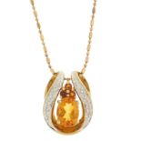 9ct gold orange stone and diamond pendant on a 9ct gold necklace, the pendant 1.7cm high, total 3.3g