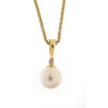 18ct gold pearl and diamond pendant on a 9ct gold necklace, 40cm in length, the pendant 2.4cm