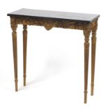 French gilt wood console table with black slate top, 75cm H x 75cm W x 27cm D