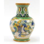 Large Italian Maiolica tin glazed vase, hand painted with mythical birds amongst flowers and grapes,