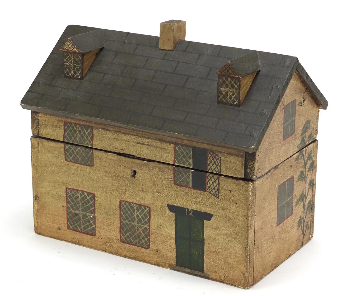 Hand painted wood box in the form of a Georgian house, 22cm H x 26cm W x 16.5cm D