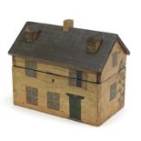 Hand painted wood box in the form of a Georgian house, 22cm H x 26cm W x 16.5cm D