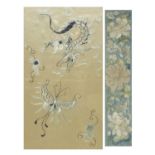 Two Chinese silk panels embroidered with flowers and a dragon with butterfly, mounted, framed and