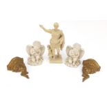 Classical figures and a pair of gilt wall mounts including one of Caesar, the largest 35.5cm high