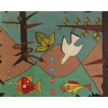 Arts & Crafts style wool work panel depicting stylised animals, 100.5cm x 75cm