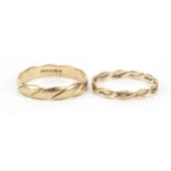 Two 9ct gold rope twist rings, sizes N and K, 2.8g