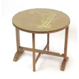 Art Deco limed oak Chinese style folding occasional table with mother of pearl inlay and circular