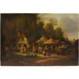 Town fête with Punch and Judy and a carousel, Victorian oil on canvas, unframed, 76.5cm x 51.5cm