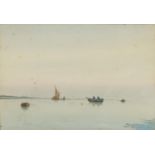 Chas Rae - Fishermen at sea with sailing boat, watercolour, mounted and framed, 25cm x 17cm
