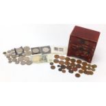 Chinese lacquered three drawer chest and a selection of coinage, the chest 15cm H x 14cm W x 9cm D