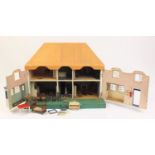 Hand built wooden doll's house with contents, 60cm H x 75cm W x 45cm D