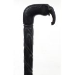 Anglo Indian ebony walking stick with carved elephant handle, 84cm in length