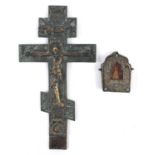 Russian Orthodox bronze cross and a Tibetan travelling shrine with white metal foliate front