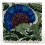 William De Morgan, Arts & Crafts pottery BBB tile hand painted with a stylised thistle and