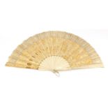 Victorian silk and embroidered brisé fan with bone guards and sticks, 40.5cm length when closed
