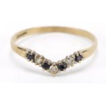 9ct gold sapphire and clear stone herringbone ring, size Q, 1.0g