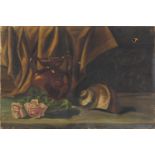 Still life with roses, 19th century oil on canvas, indistinct inscription verso, unframed, 53cm x