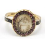 Georgian unmarked gold black enamel and pink stone mourning ring, inscribed W.Byers.OB.14.SEP.1758.