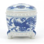 Chinese blue and white porcelain tripod censer and cover hand painted with a phoenix and dragon
