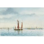 Peter Jones - Lymington Harbour with barge, watercolour, details verso, mounted, framed and