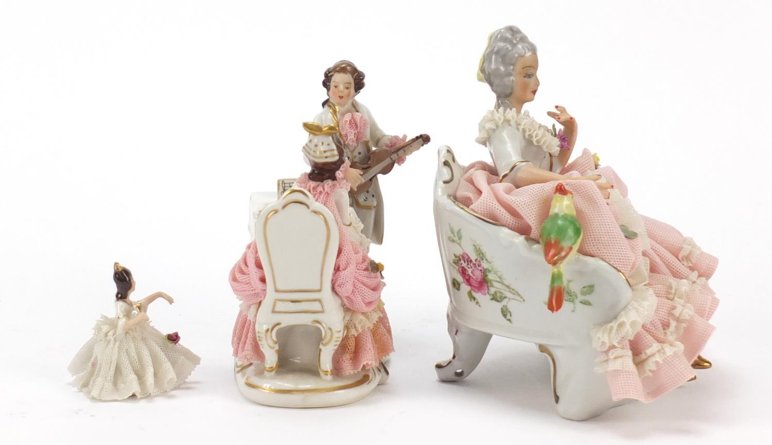 Dresden, three German porcelain lace figurines including a group of two lovers, the largest 18cm - Image 6 of 10